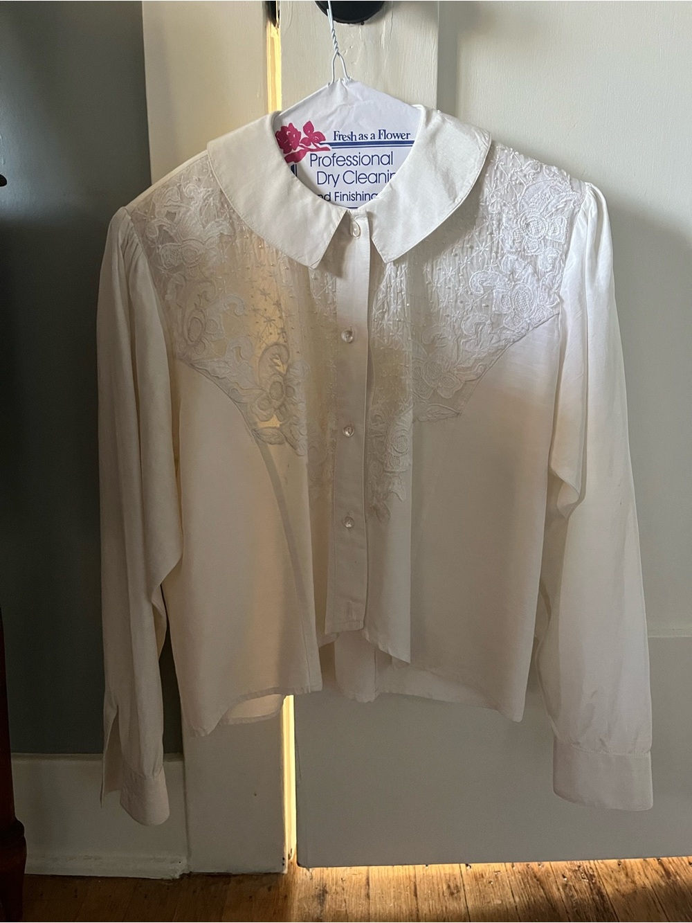 Ivory Lace Yoke Button-Front Blouse